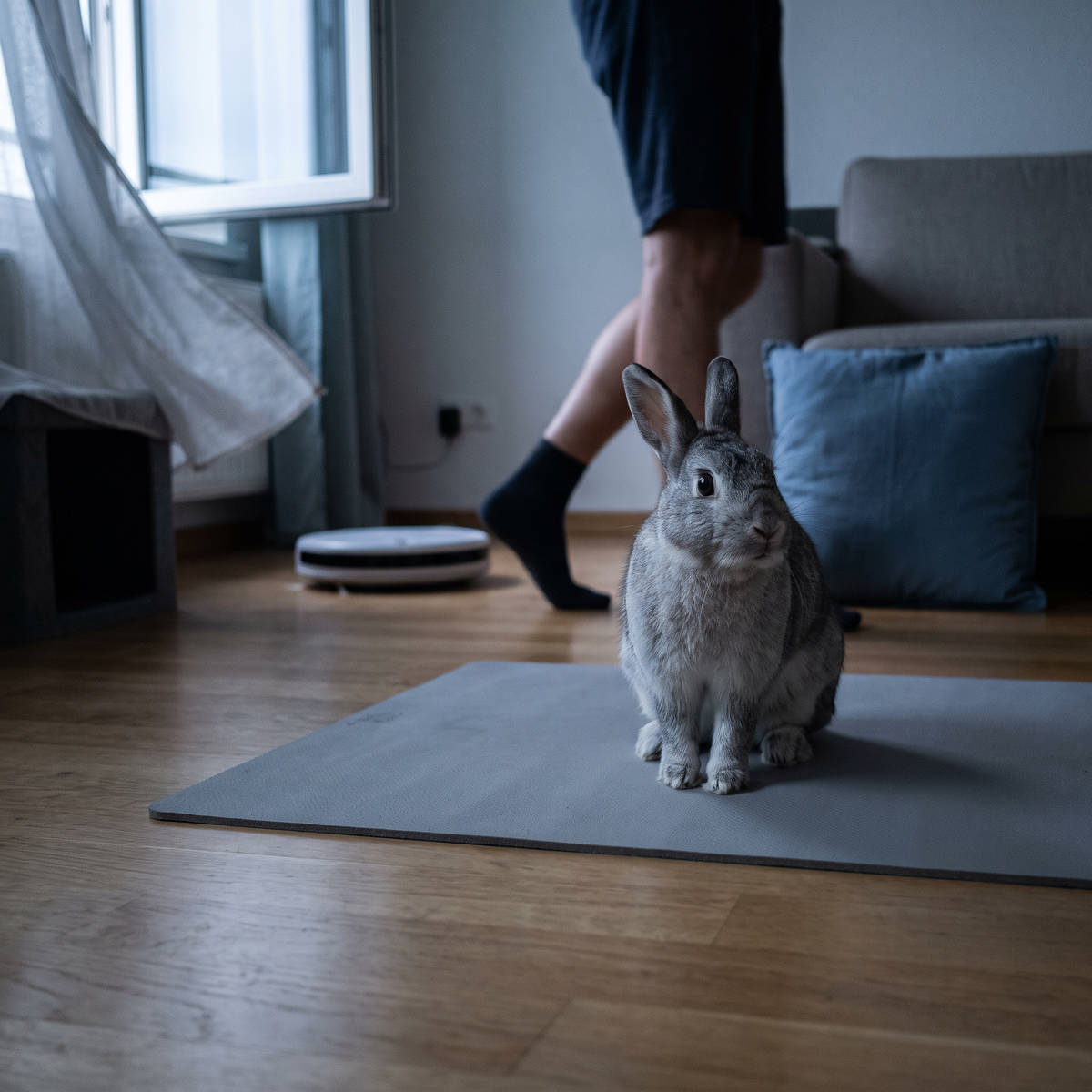 Rabbit on alert on an open mat
